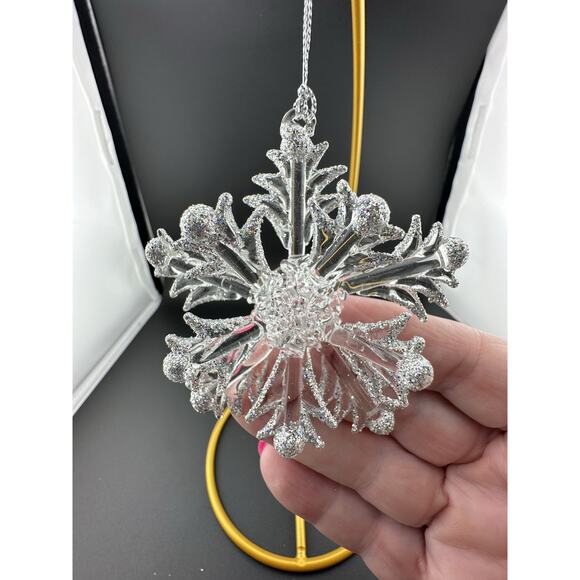 Vintage Hand Spun Glass 3D Snowflake Silver Accents Ornament 3" Original Box - Picture 7 of 9